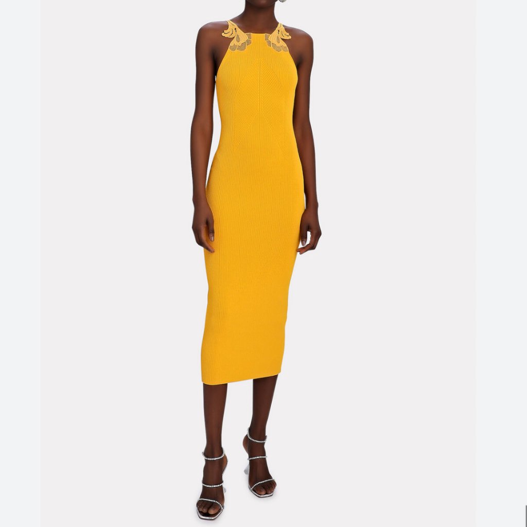 Self-Portrait Canary Lace Rib Knit Midi Dress